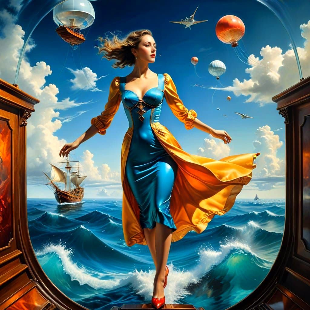 Surreal Seascape with Elegant Flying Boat Maiden