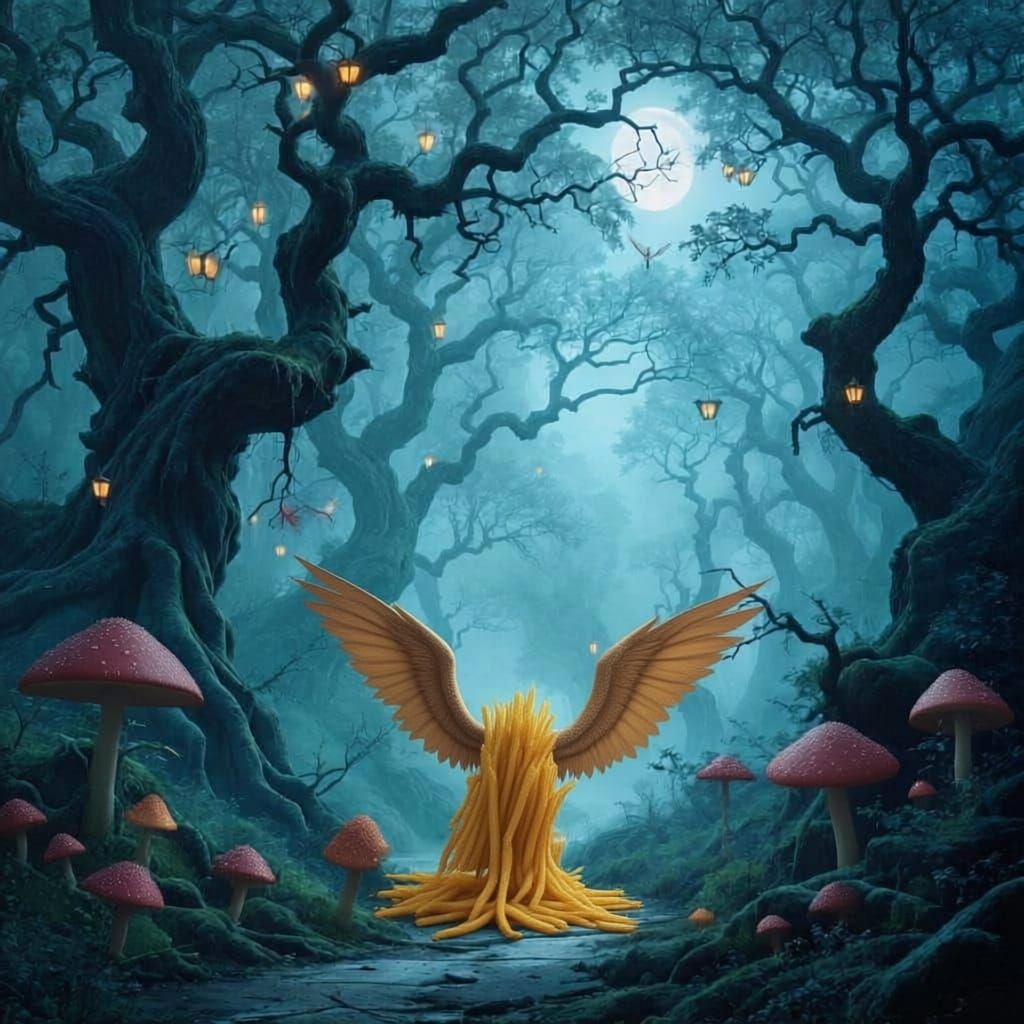 A lone figure, cloaked and mysterious, walks along a winding path disappearing into a dense, ancient forest. Towering trees with gnarled bra...