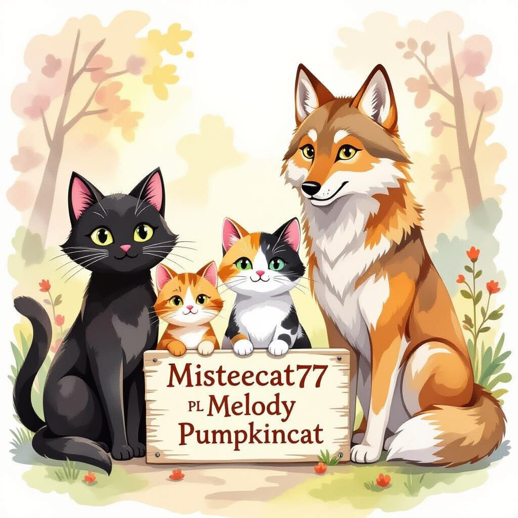 a black cat and a white cat sitting next to a calico cat and a tabby cat and a brown wolf with a sign reading misteecat77 and PL Melody and ...