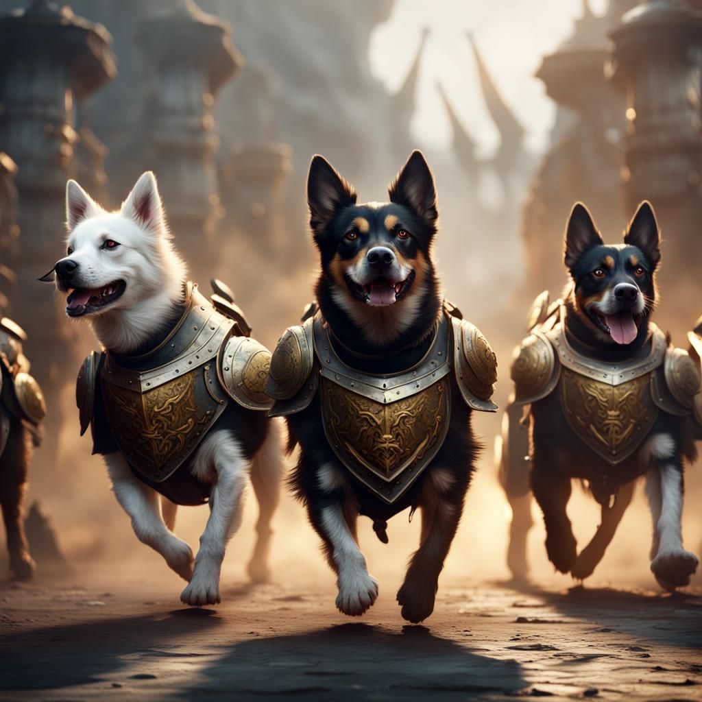 Dogs with armour marching in a line, heading into battle
