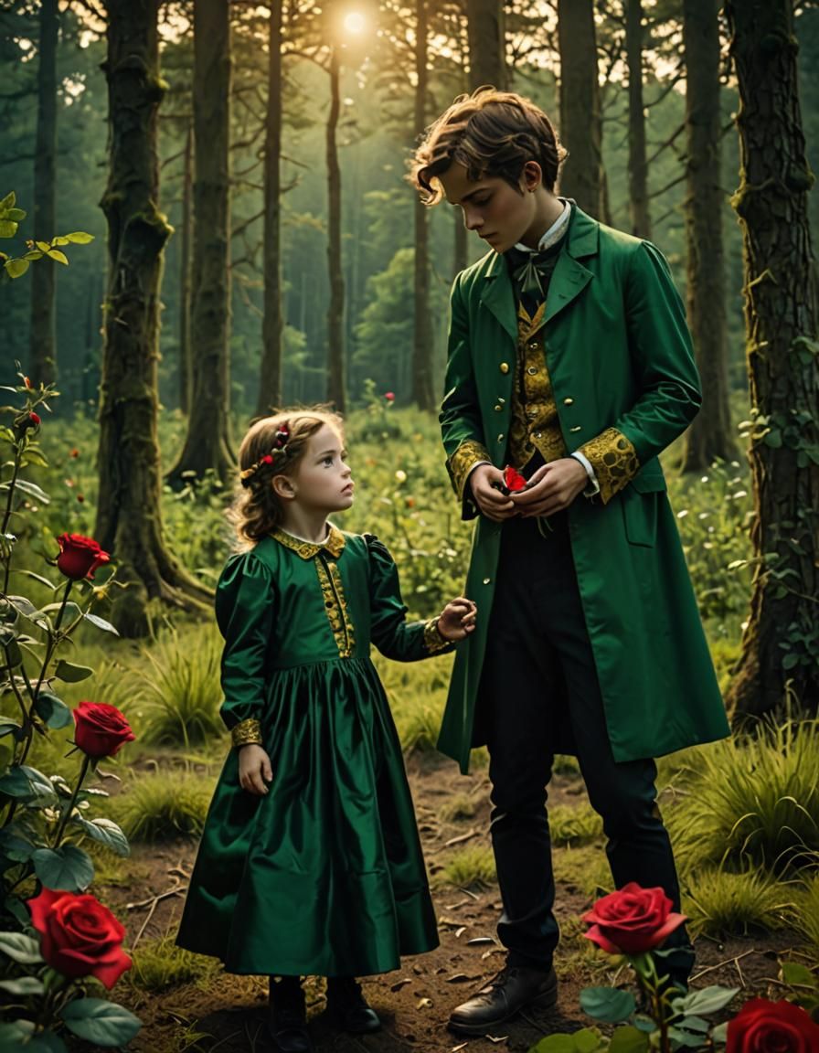 A brother, dressed in a green shirt dotting over his sister, dressed in a green and gold silk dress, ...  by @MrAzE