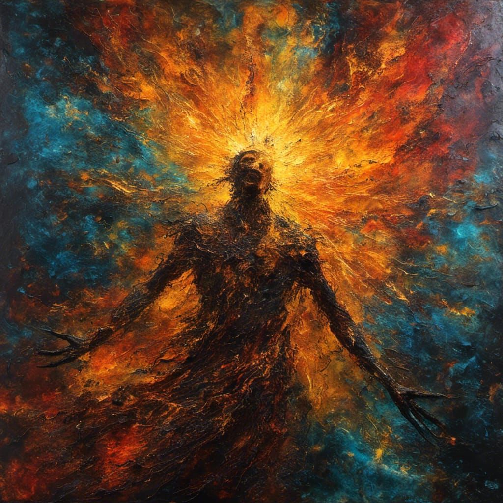 <lora:MJ6 Dark Oil Splash:1.0> Icarus, the Solar Sojourner: A wanderer who traverses the sunlit realms of the heavens, seeking enlightenmen...