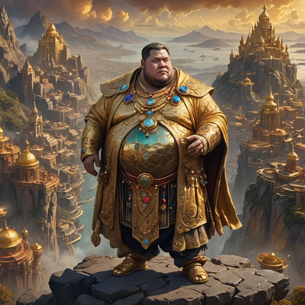 Fantasy Obese Man Overlooking Ornate City