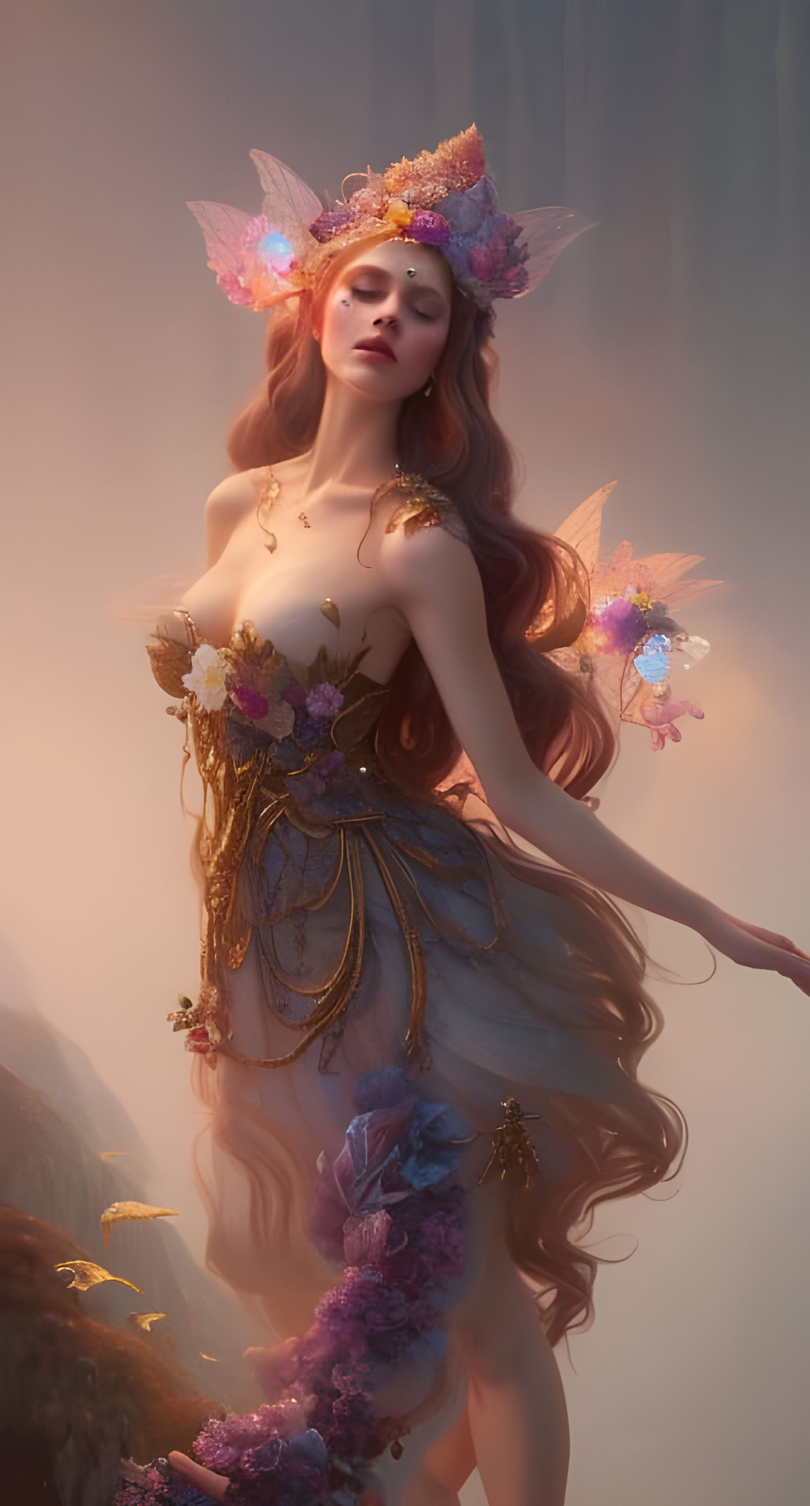 A petite fairy with a shimmering dress