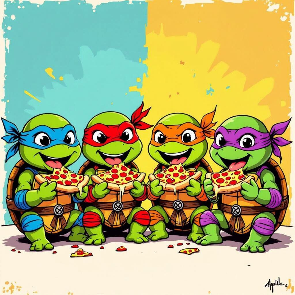 Create ninja turtle babies eating pizza in a cute cartoon. There should be 4 turtles. All different colors
