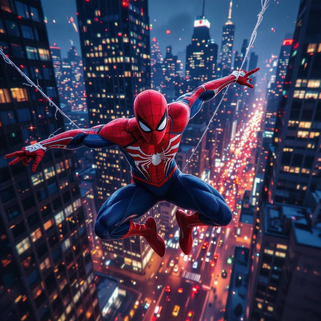 Hyperrealistic portrait Spiderman, swinging from high-rise building to another. Make the time of day as night. Make the surrounding area lit...