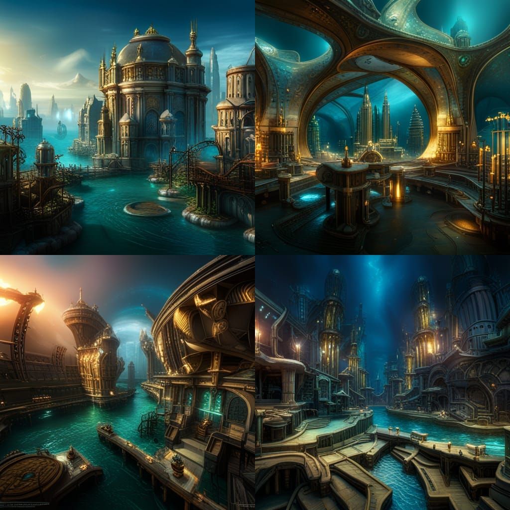 Underwater city of glass domes and silver tubes populated by...