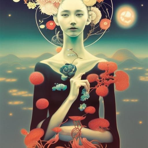 woman in Surreal artisanal flower made entirely of Sun and M...