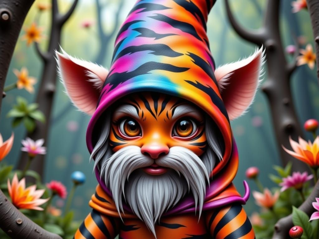 a child gnome with skin tiger patterns  with  multicolor outfit. <lora:Zeste-Citron Tiggnom:1.0>