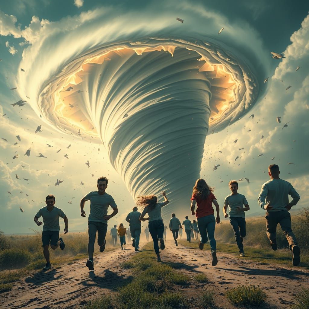 A group of people running from a huge tornado 🌪 