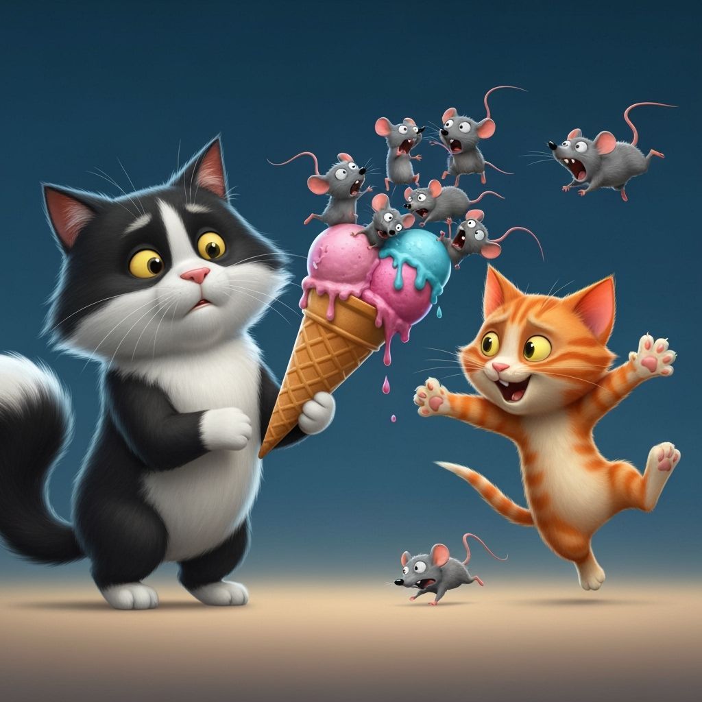Capture a dynamic, cinematic moment in a cartoon fairytale style. A fluffy, elegant tuxedo cat, with a look of mild surprise, holds a rapidl...