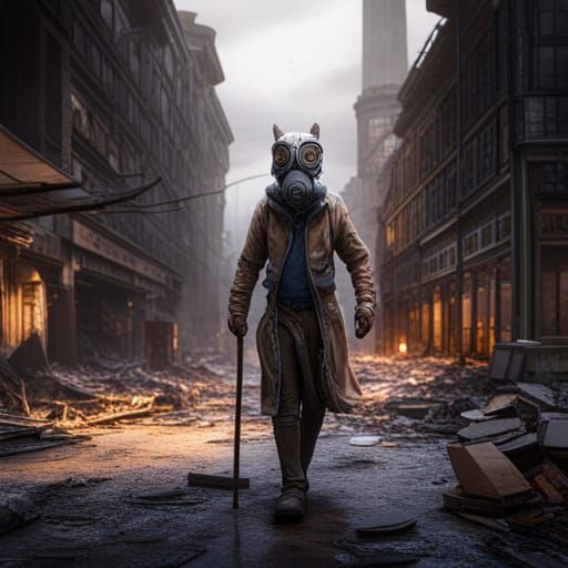 A skeletal horse wearing a gas mask in a city destroyed
