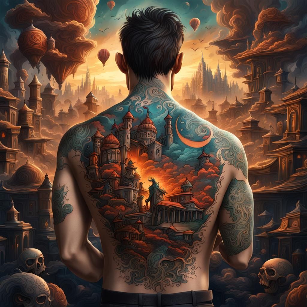 Tattoo of a person's life on someones back, detailed matte painting, deep color, fantastical, intricate ...  by @ByToi