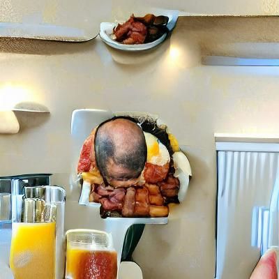 Full English Breakfast on a bald man's head