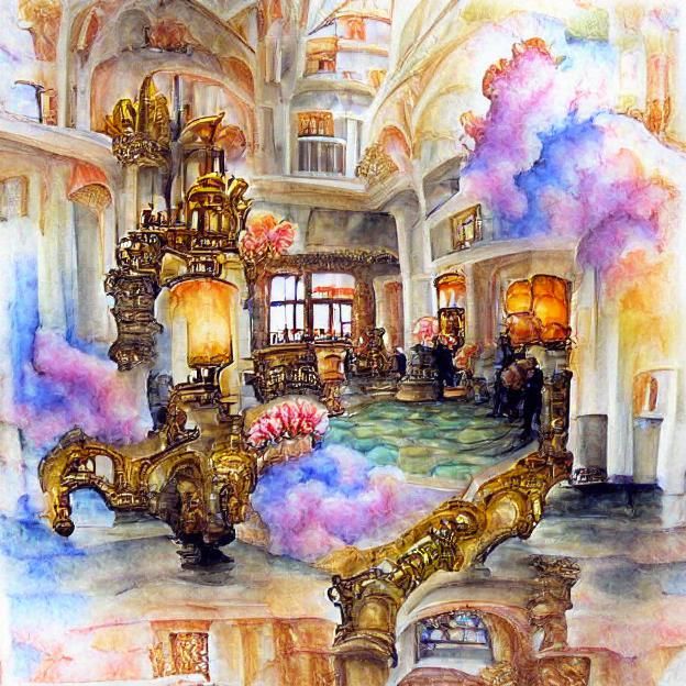Ornate baroque shimmering fantasy hotel lobby (81) [watercol...