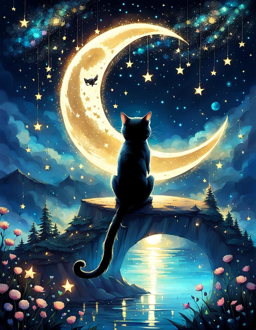 Cat, moon, stars - AI Generated Artwork - NightCafe Creator