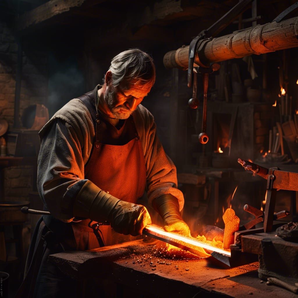 Medieval blacksmith,sweating over his work,creating an exquisite sword ...