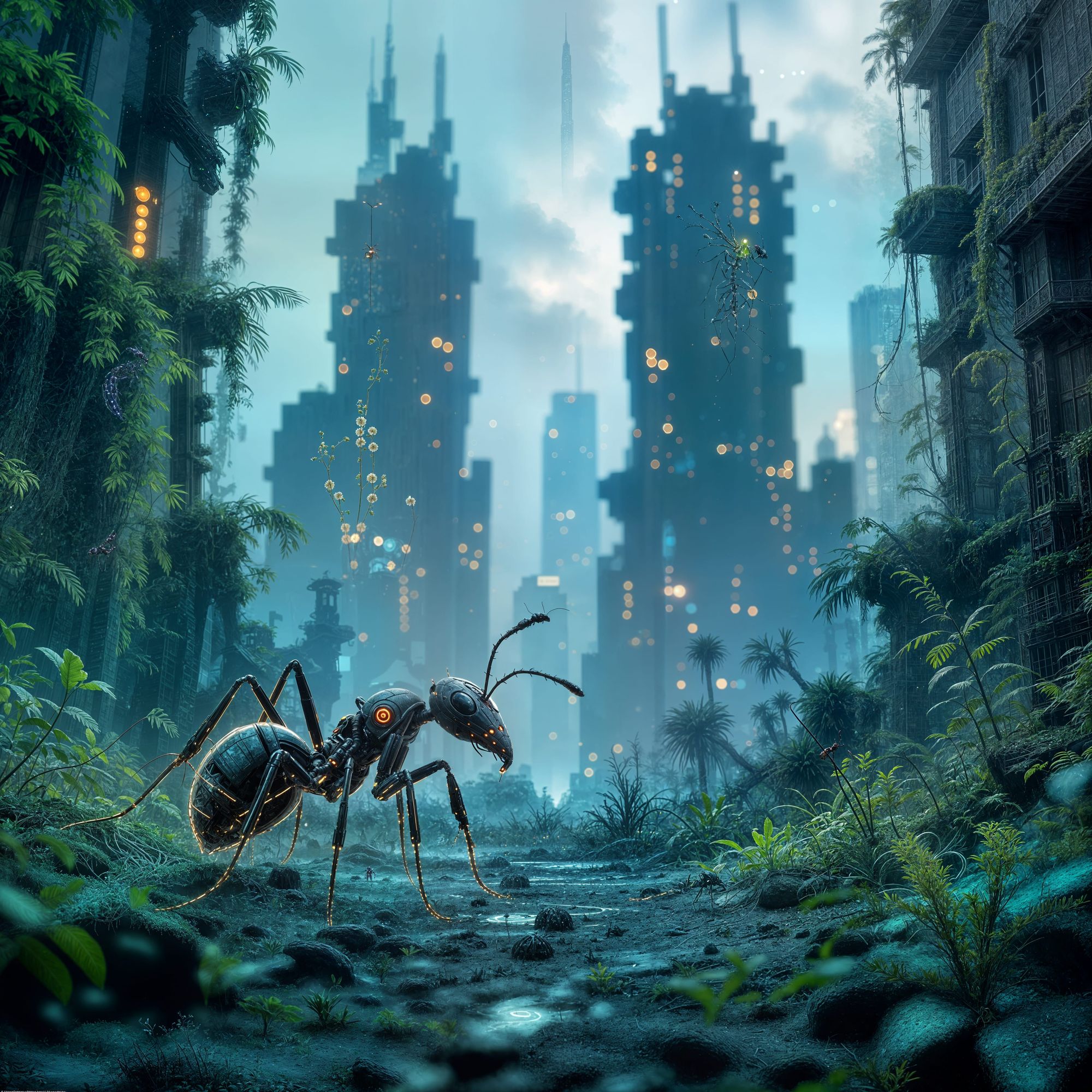 A lone ant, adorned with intricate, glowing cybernetic implants, navigates a desolate, overgrown cityscape reclaimed by nature. Towering, de...