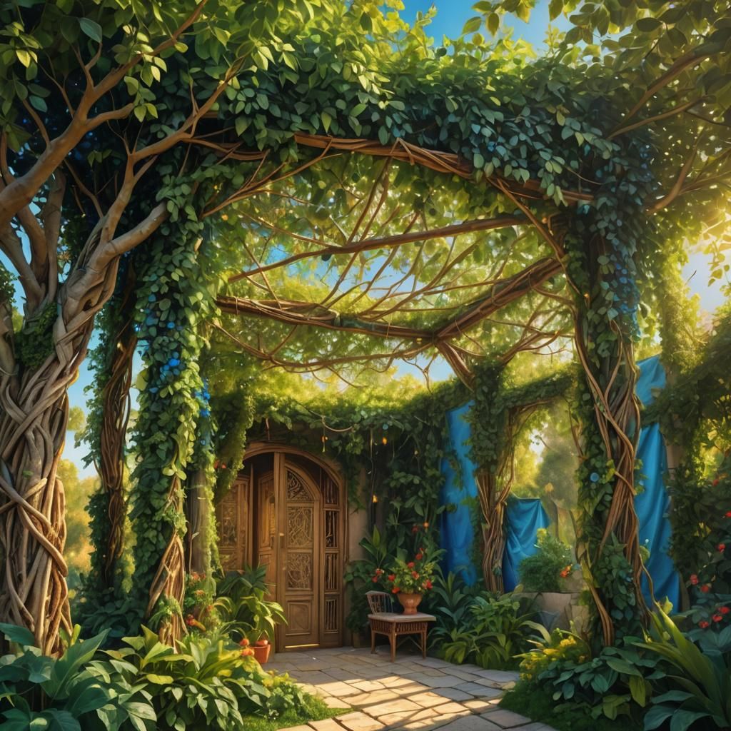 Decorated Sukkah Among Green Trees, Oil Painting