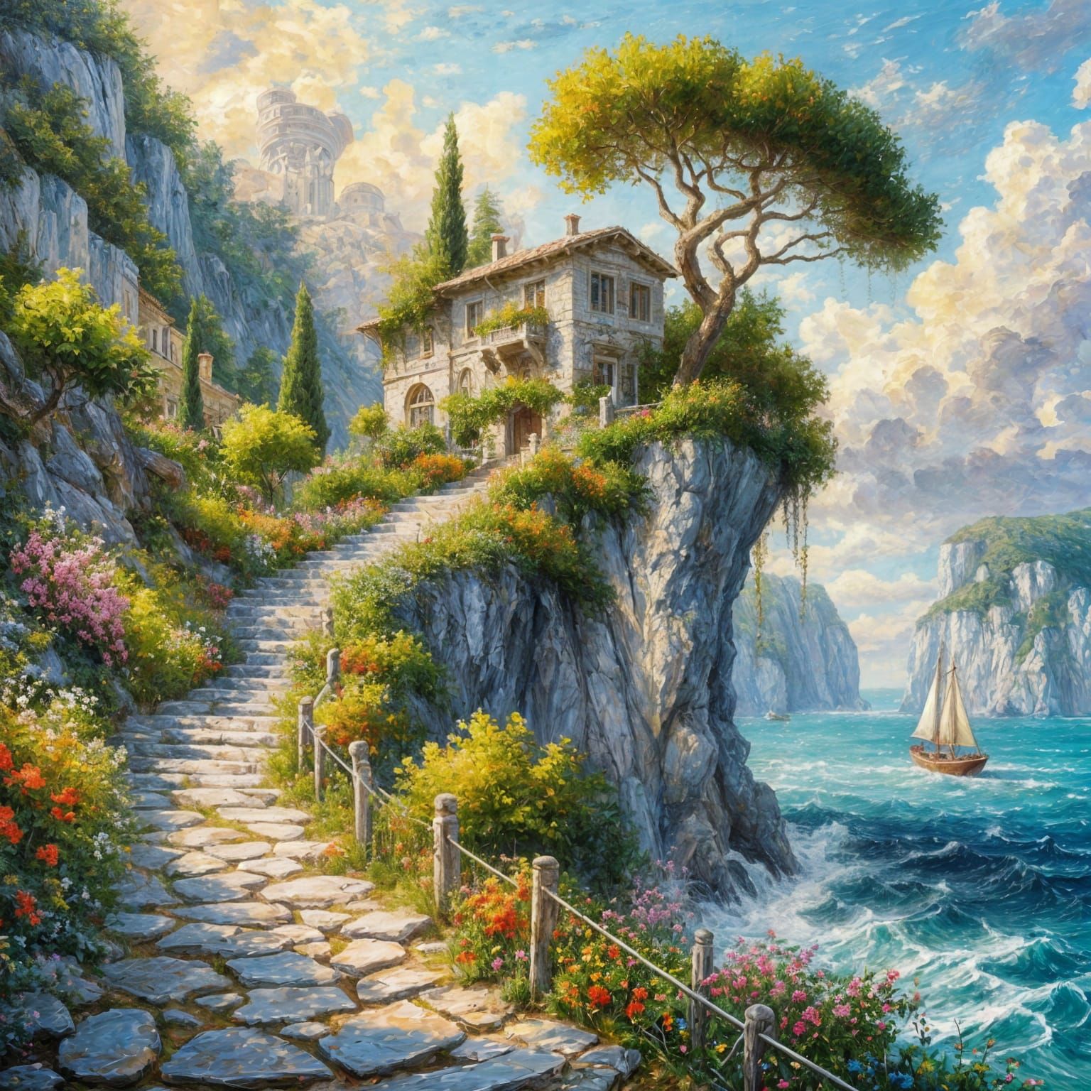 An impressionist oil painting of a Mediterranean villa