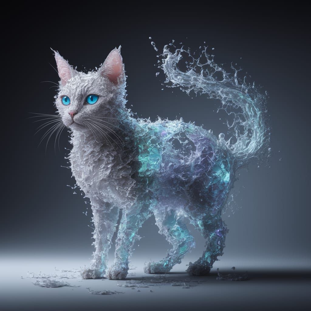 Create an image of a cat made of transparent water, its fluid form shimmering with soft blue and silver ...  by @FastCSI