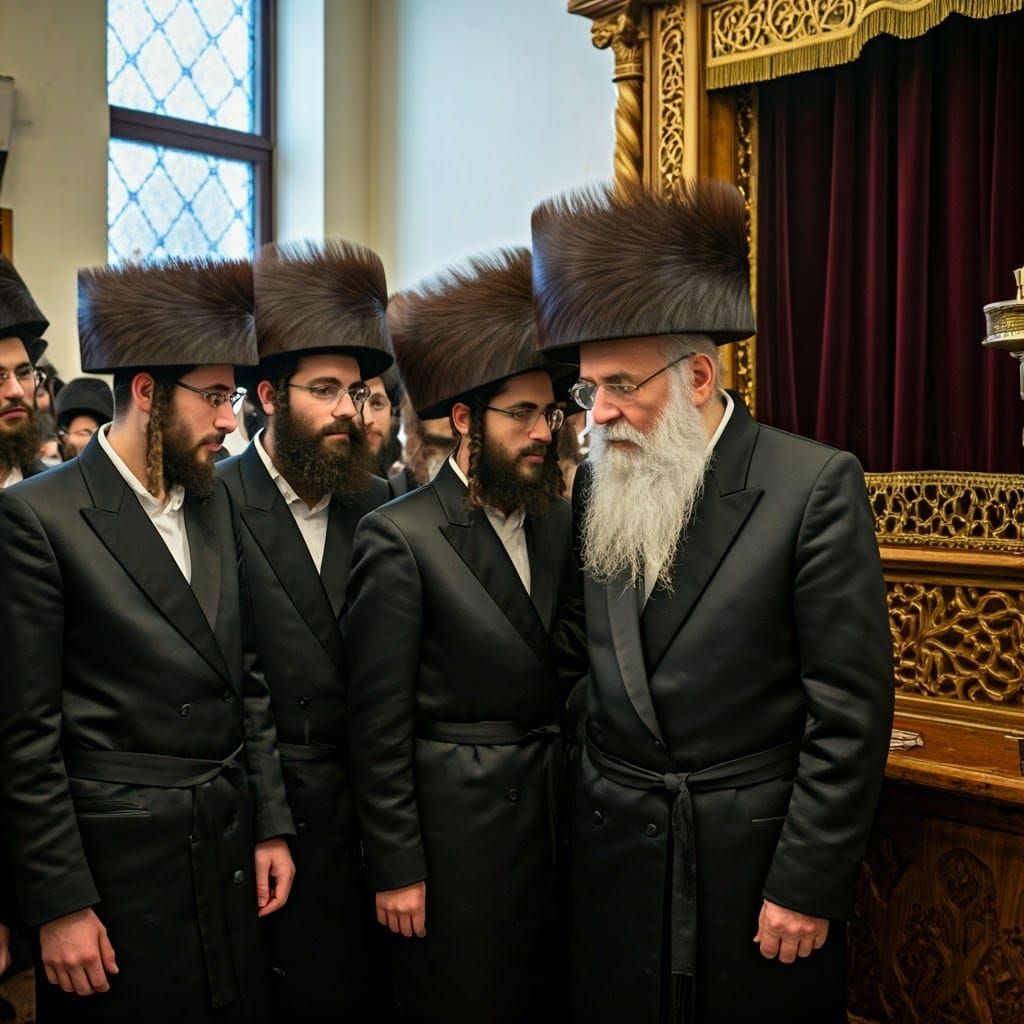 Hasidic Rabbi Blessing Followers in Synagogue Portrait