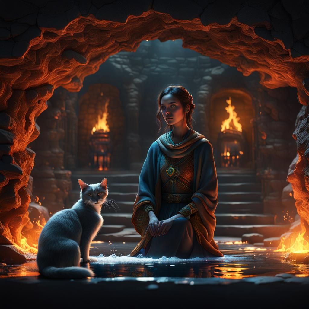 Woman Morphing into Cat in Dark Cave
