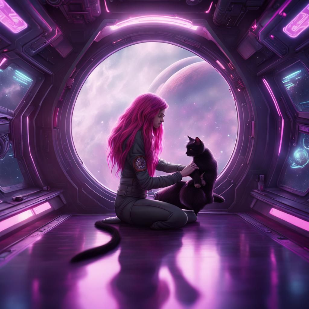 A girl with long magenta and purple hair in a spaceship with no gravity petting a black cat   by @Rat Queen