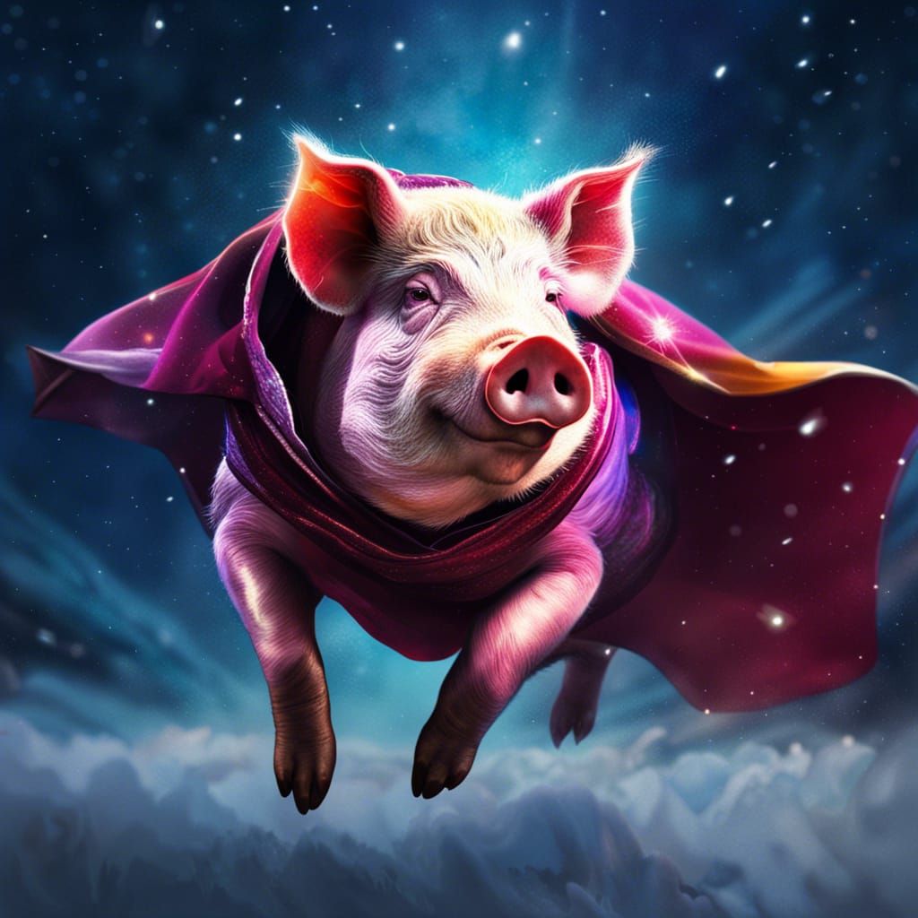 Pig with cape flying in the frozen space