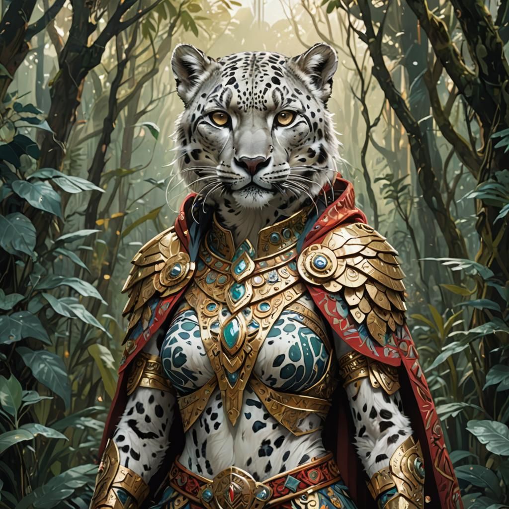 anthropomorphic female snow leopard aztec warrior, standing in the jungle, wearing a cape, golden outlines, highly detailed, intricate motif...
