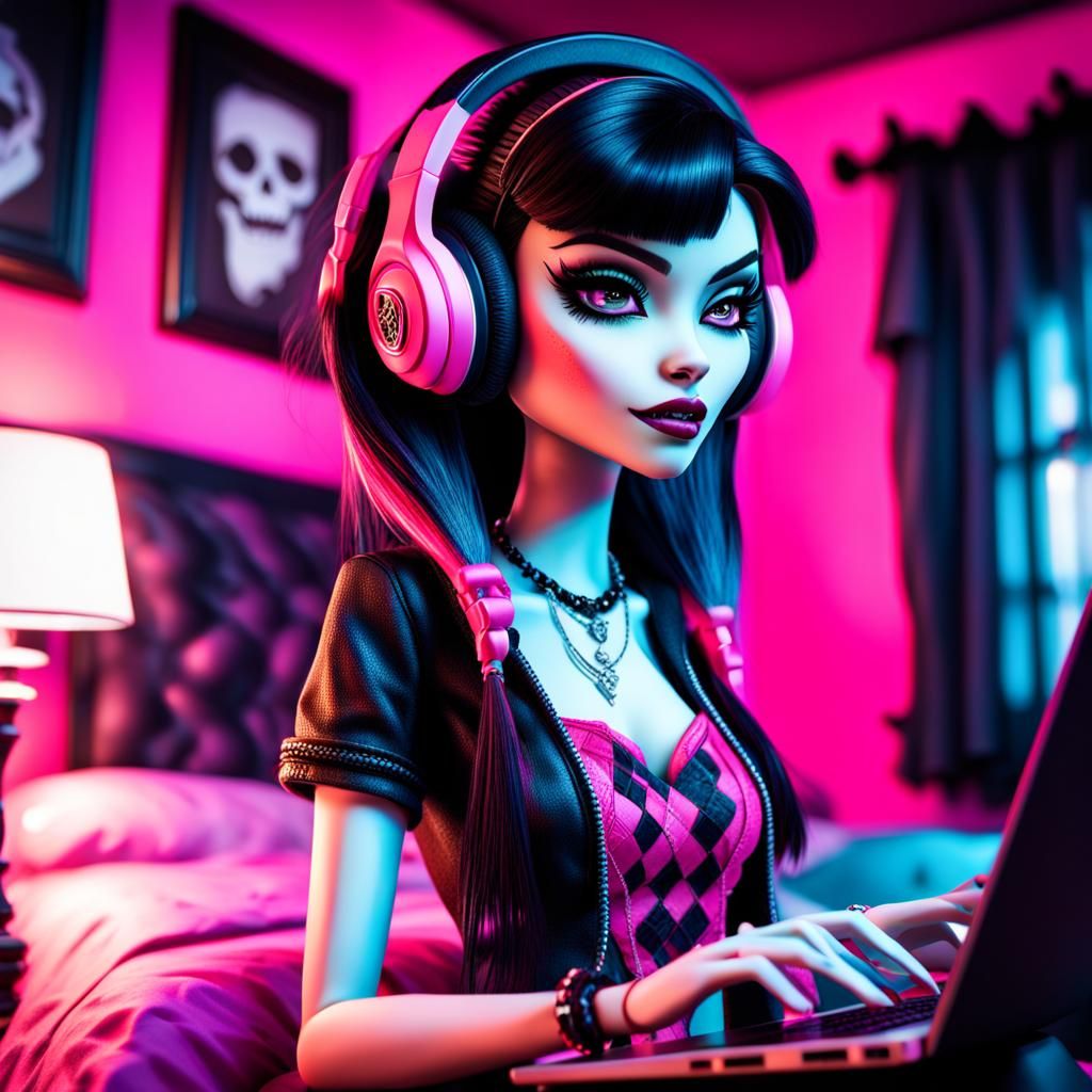 emo draculaura monster high using a laptop wearing headphones in a pink ...