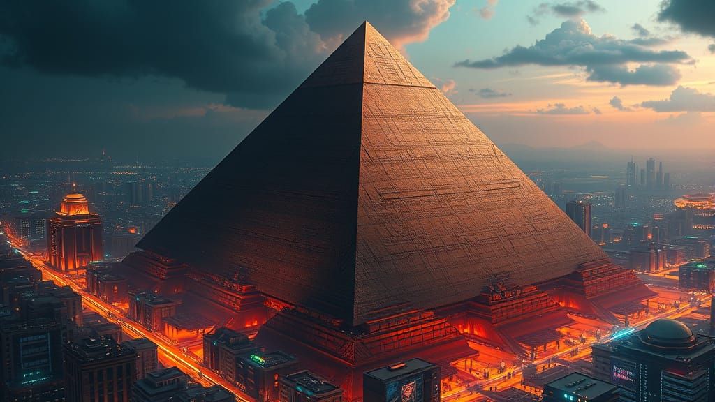 A multi-storied Egyptian Pyramid  in a sprawling city