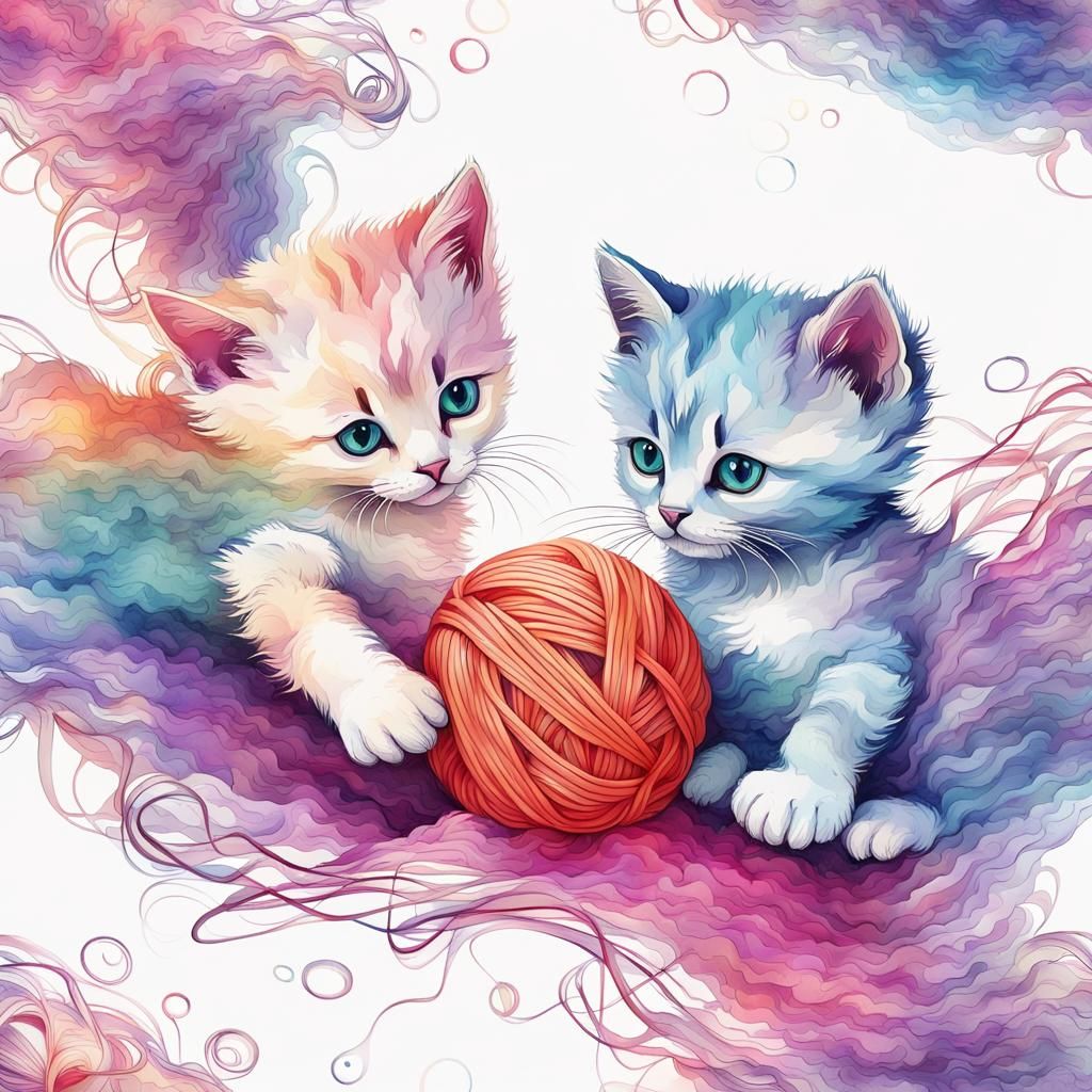 Water color Kittens playing with ball a yarn