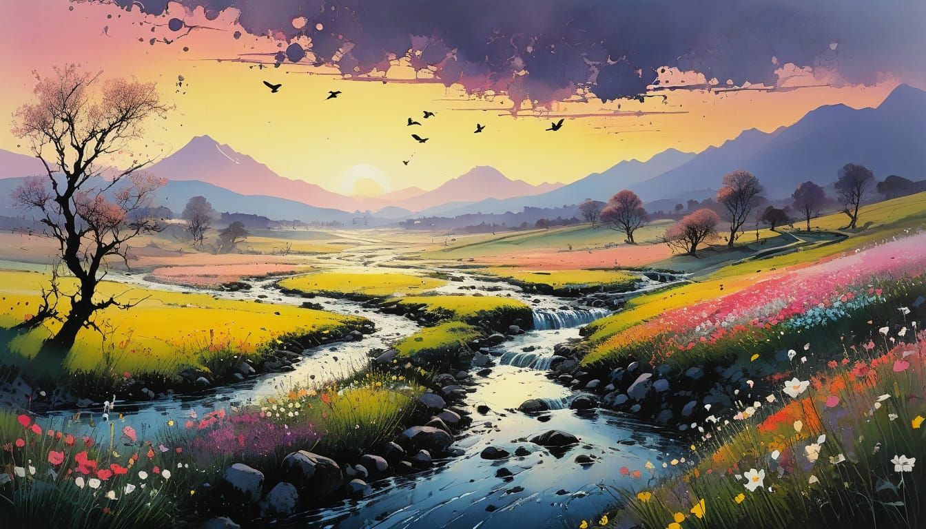 Soft and misty cascading spring landscape, with fields of blooming flowers, a running stream, mountains ...  by @Kindly Offer