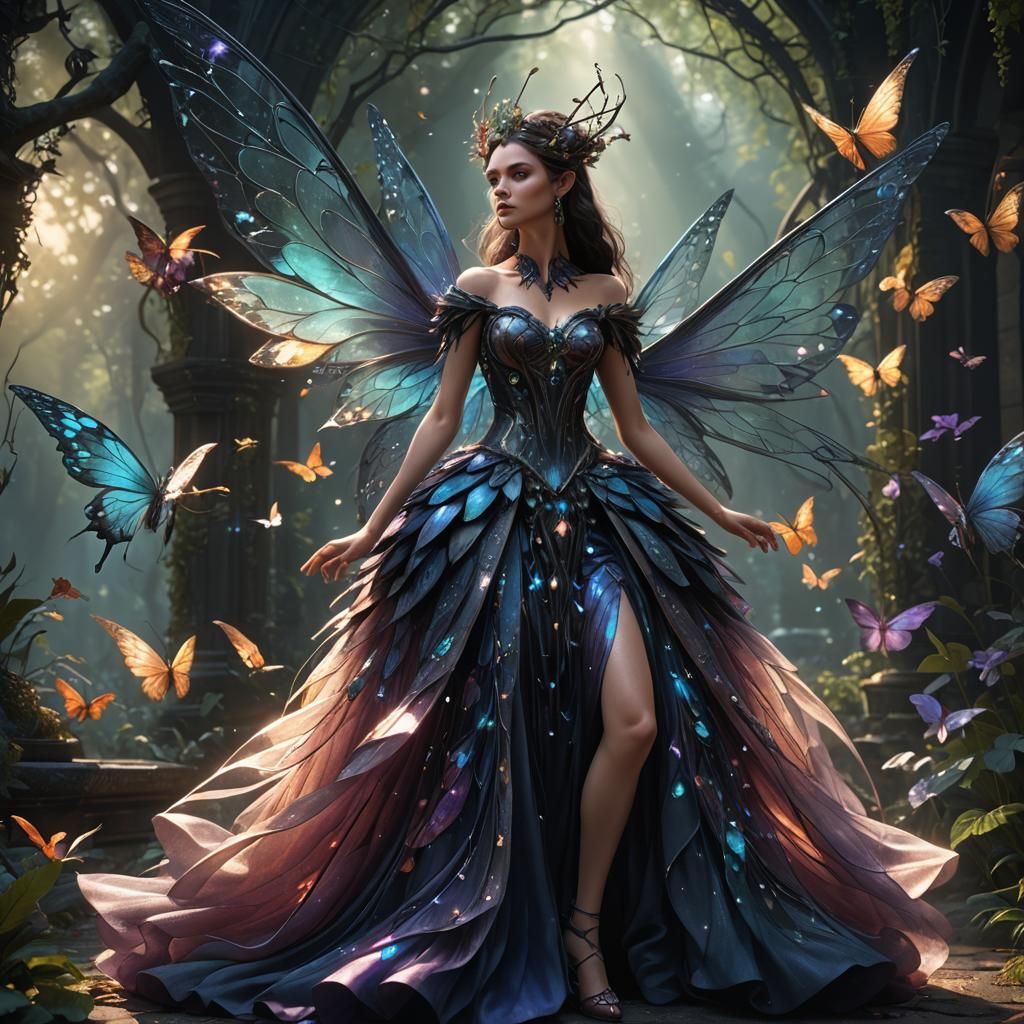 Dark faerie; Opalescent Dreamweaver; crystalline ballgown; fairy wings; 