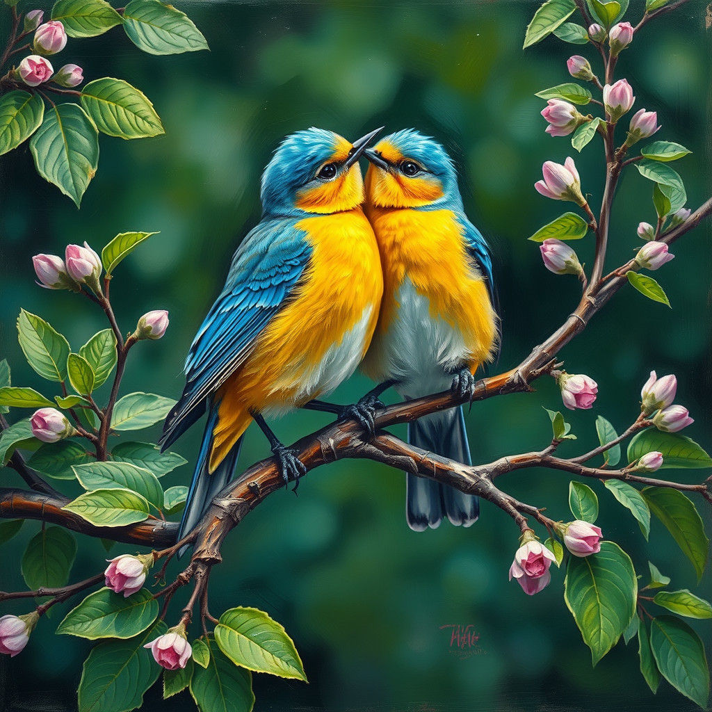 Songbirds in Oil: Vibrant Spring Morning Painting