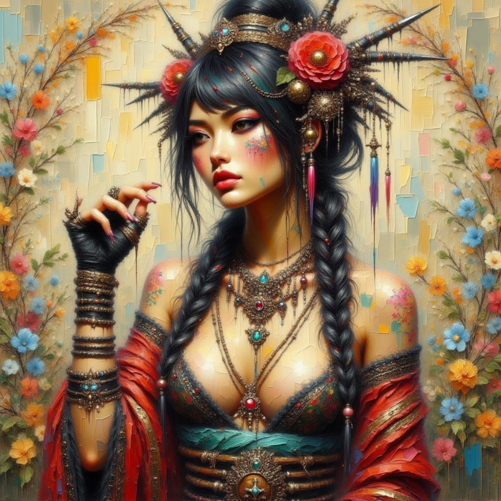 <lora:HRH-oil-and-grunge:1.0> Oil and watercolour, a stunningly beautiful, curvy exotic viking geisha ,hyper detailed , grunge