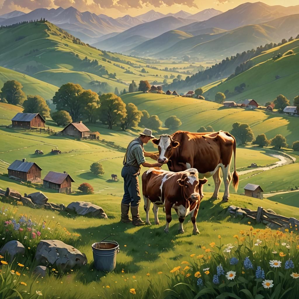 Idyllic Farm Scene with Farmer Milking Cow