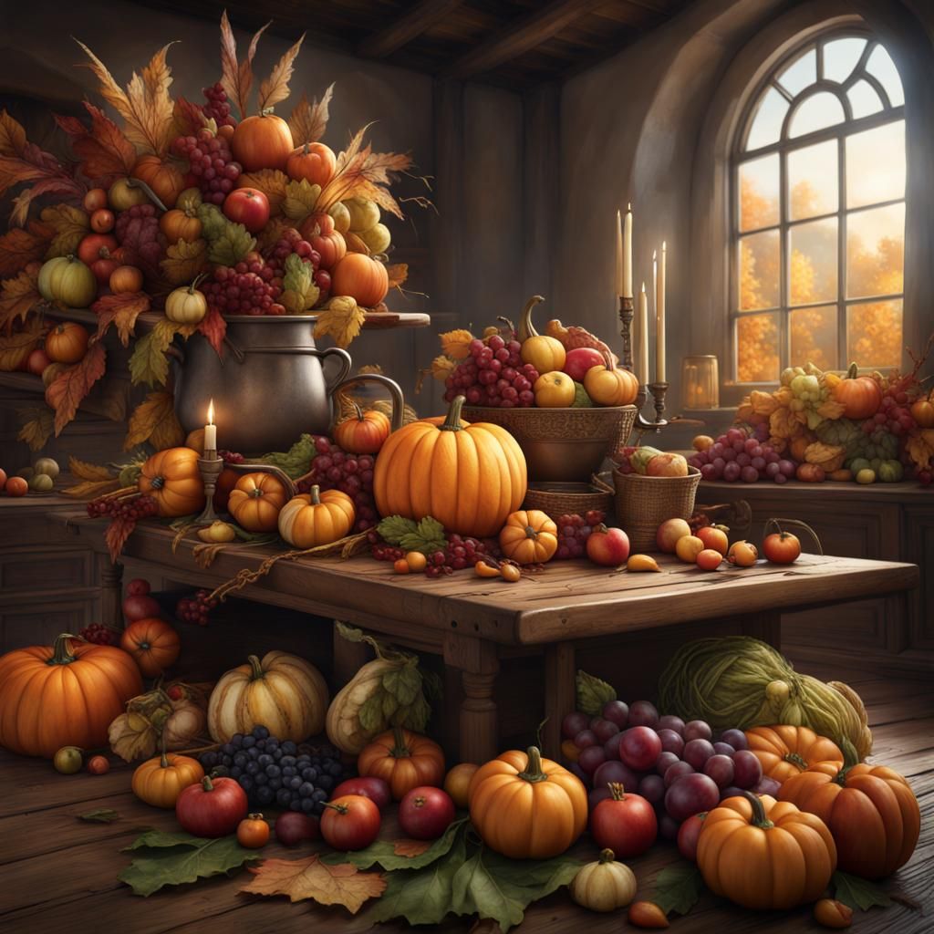 Fall harvest with fruits and vegetables on a table   by @MarbleSides