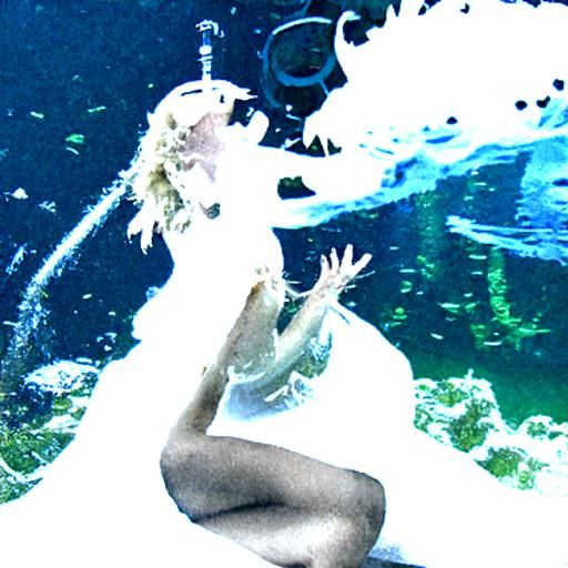 Blonde woman in a white dress, underwater, singing, in a lak...