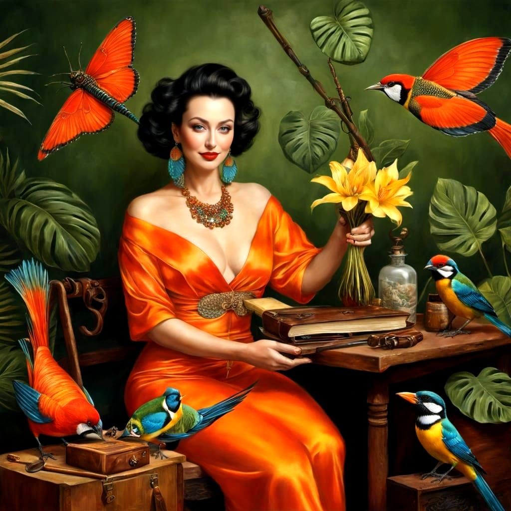 Eccentric Lady in Surreal Landscape with Exotic Animals