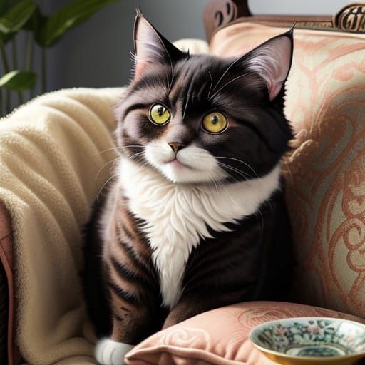 Fluffy Cat on Cushion in Studio Ghibli Style