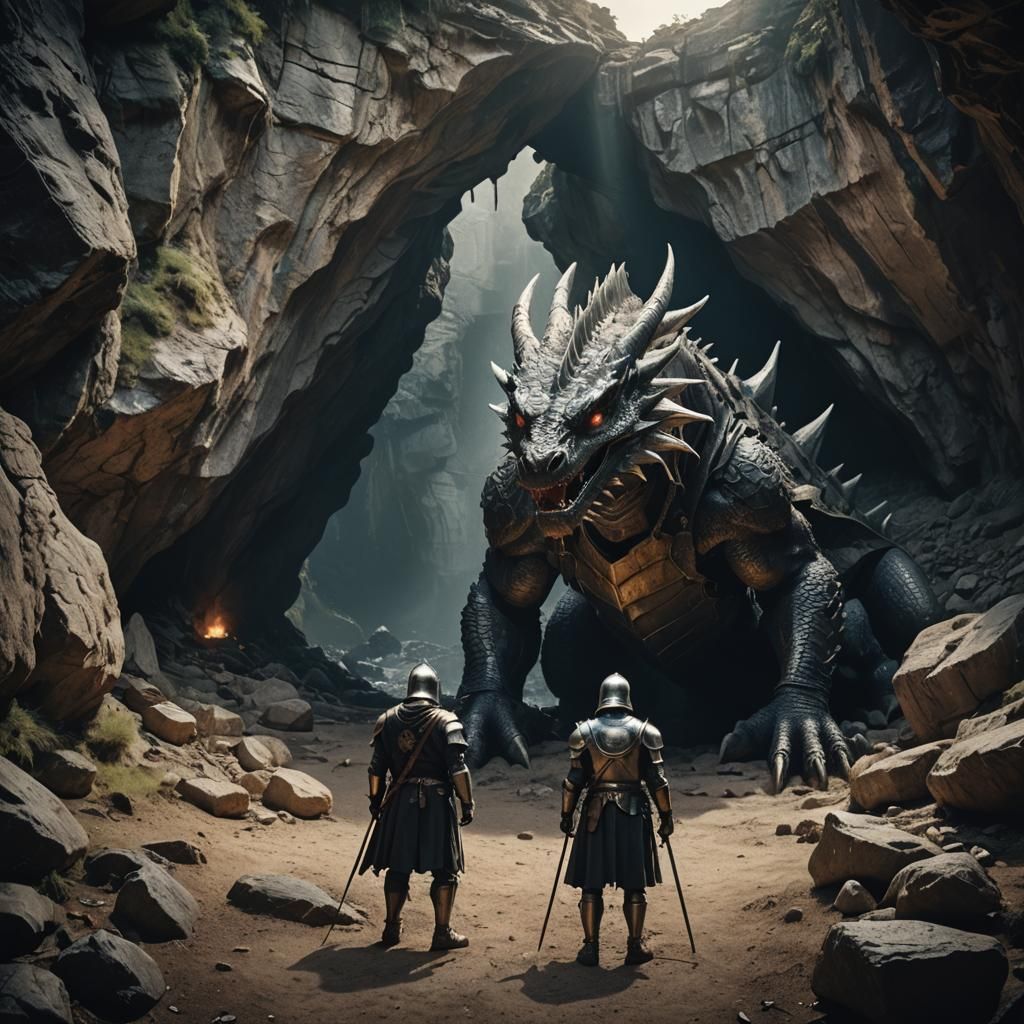 A dragon emerging from a cave and a knight standing in front...