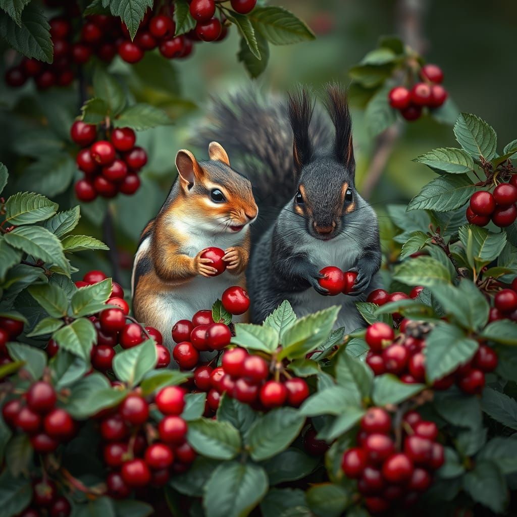 A chipmunk and a black suirrel eating cranberries off of cranberry shrub   by @RPGCatLover
