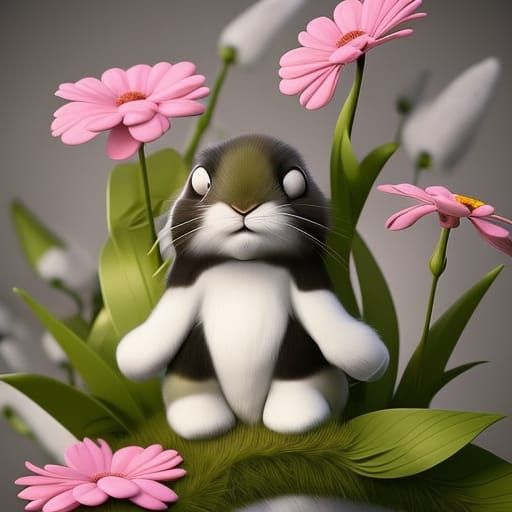 Green Bunny in Pink Flowers