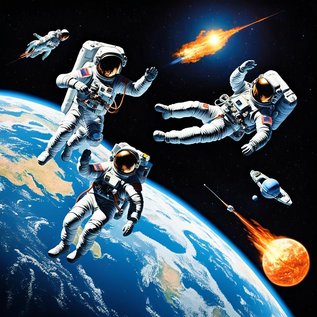 future astronauts leaving Earth orbit in the style of Tim Wh...