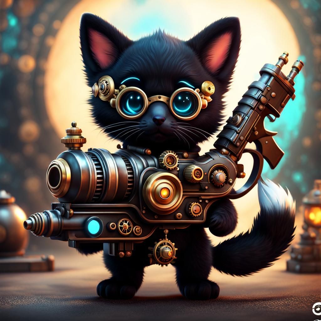 Steampunk Kitten Automaton with Raygun and Baby Fox