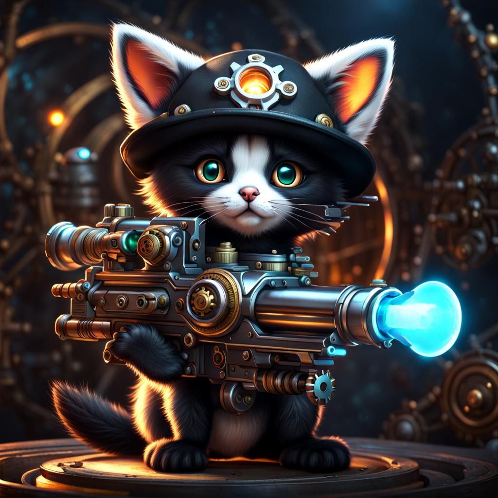 Steampunk Kitten Automaton with Raygun and Baby Fox