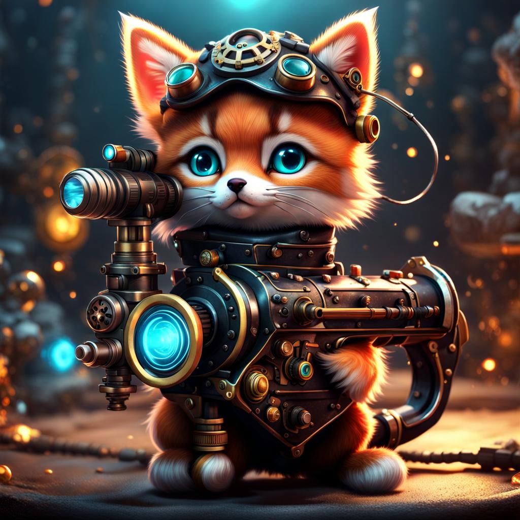 Steampunk Kitten Automaton with Raygun and Baby Fox