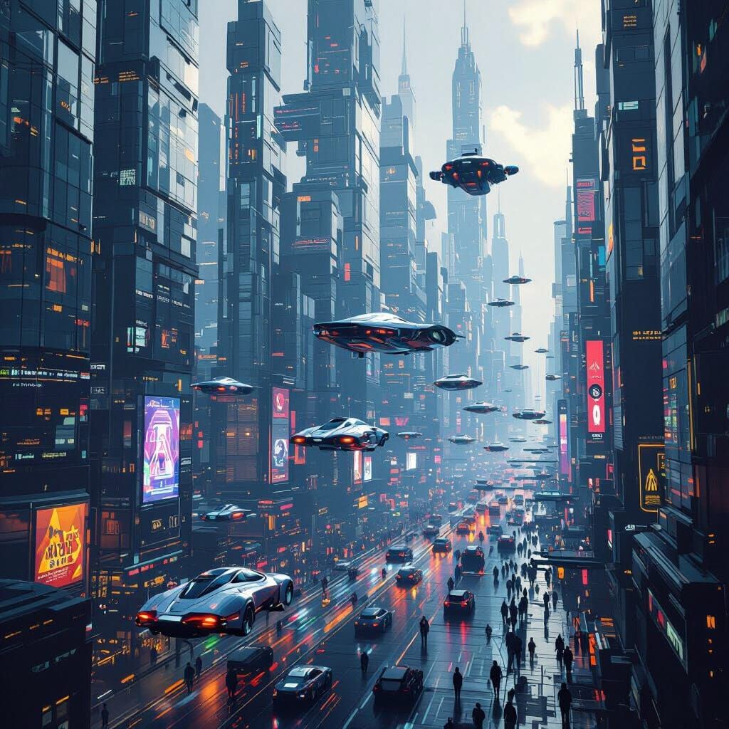 Futuristic Metropolis with Flying Cars and Advanced Tech